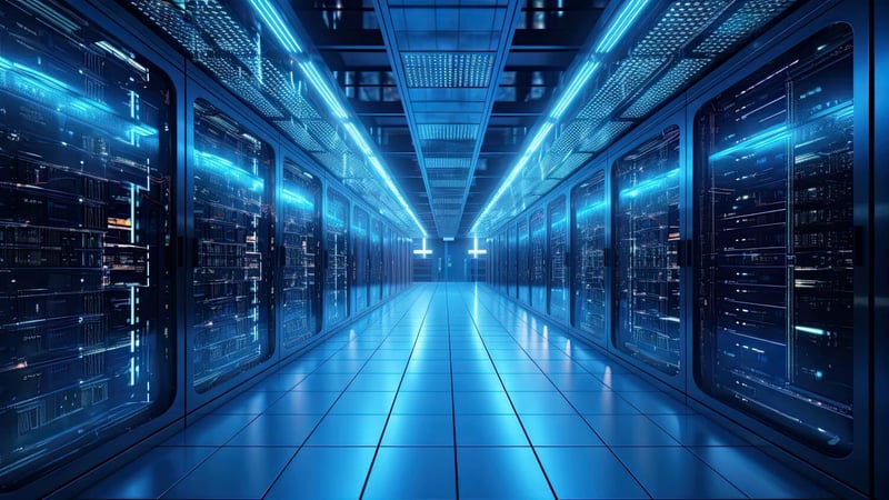 Looking down center of aisle AI infrastructure data center