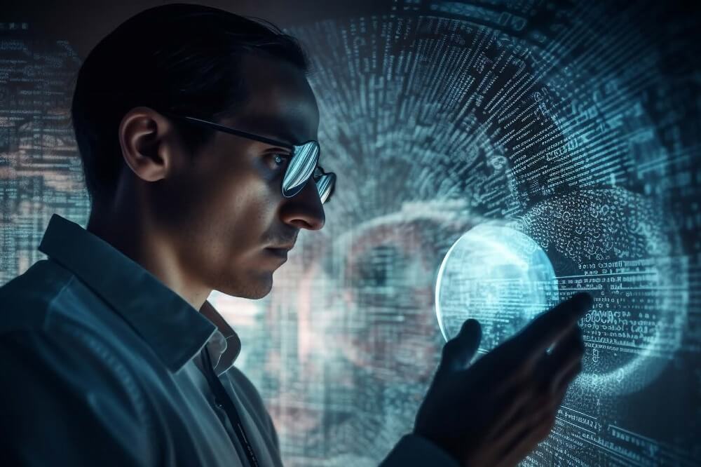 man-with-glasses-holding-sphere-observing-data