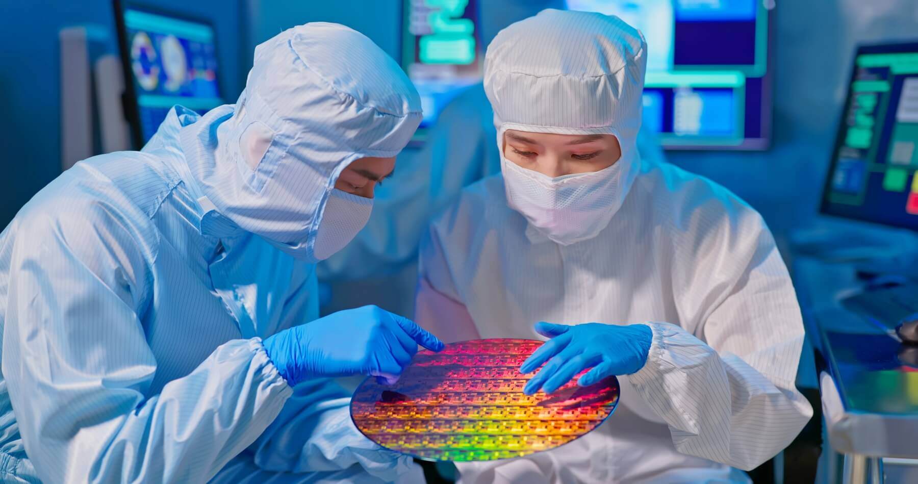technicians-in-cleanroom-examining-silicon-wafer