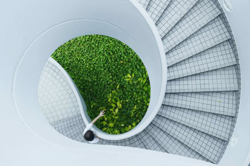 white-curved-staircase-with-person-touching-greenery-plants-in-center