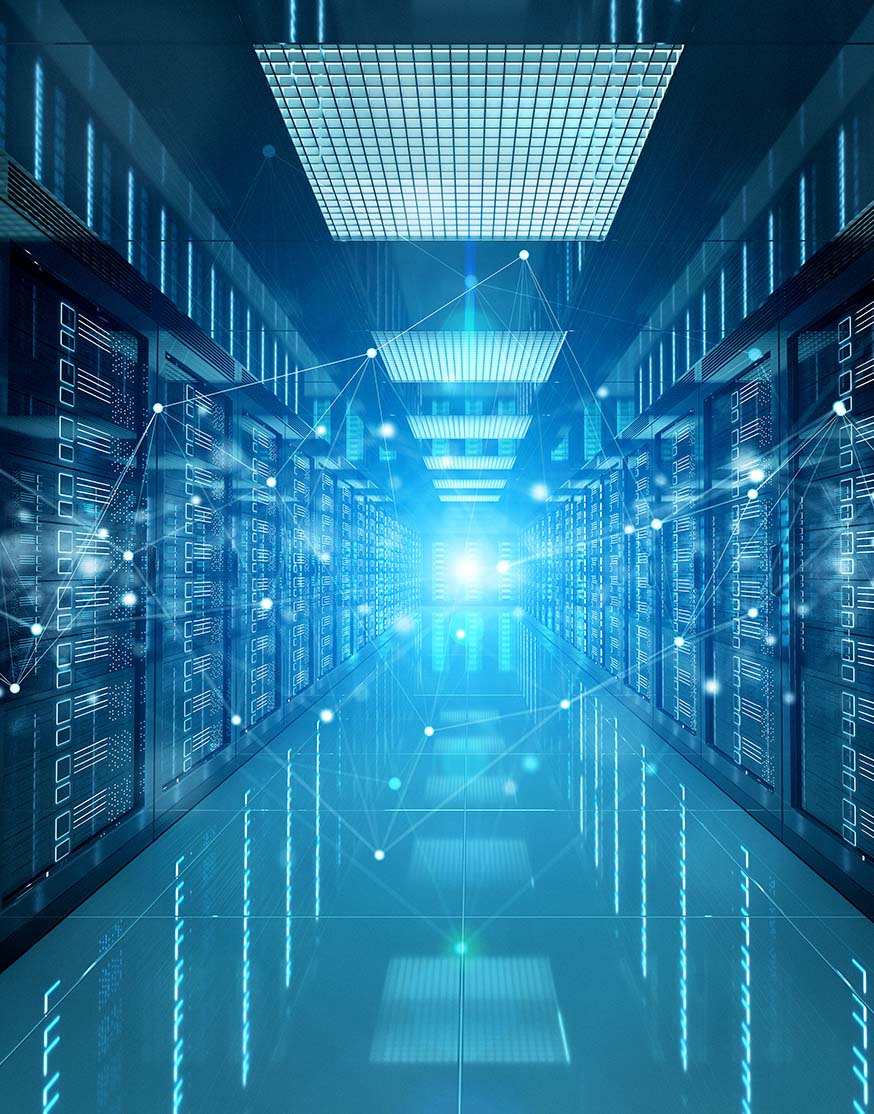 data points graphic moving in between data towers