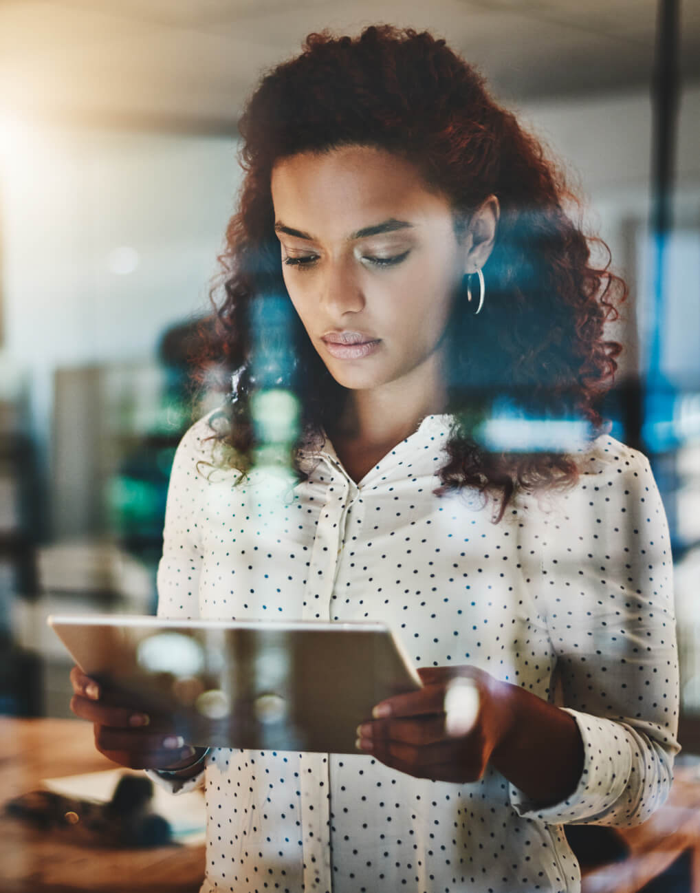 women customer holding tablet