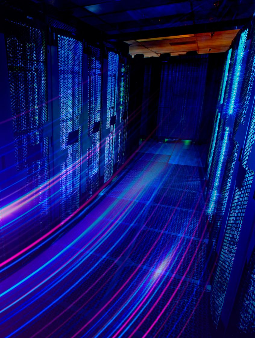computer room with colorful lines passing through