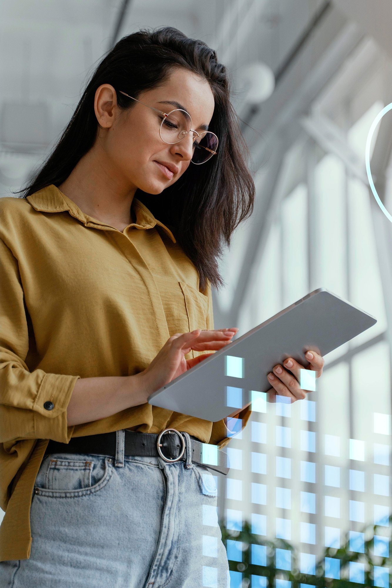 woman holding tablet